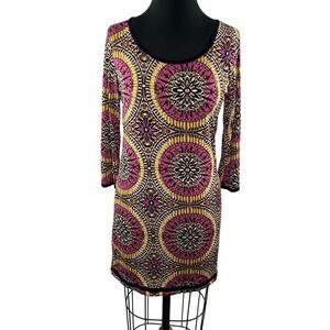 T Bags Los Angeles Pink Brown Tunic Top Floral Stretch Scoop Neck Size Small S